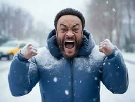 Afrikaanse Amerikaans Mens geniet de winter besneeuwd dag in speels emotioneel dynamisch houding ai generatief foto