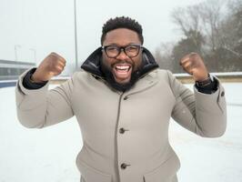 Afrikaanse Amerikaans Mens geniet de winter besneeuwd dag in speels emotioneel dynamisch houding ai generatief foto