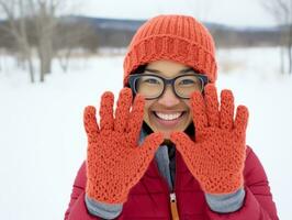 Afrikaanse Amerikaans vrouw geniet de winter besneeuwd dag in speels emotioneel dynamisch houding ai generatief foto