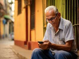 oud Mens van Colombia gebruik makend van een smartphone voor online communicatie ai generatief foto