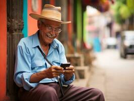 oud Mens van Colombia gebruik makend van een smartphone voor online communicatie ai generatief foto