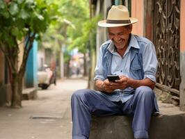 oud Mens van Colombia gebruik makend van een smartphone voor online communicatie ai generatief foto