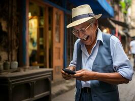 oud Mens van Colombia gebruik makend van een smartphone voor online communicatie ai generatief foto