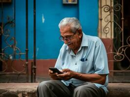 oud Mens van Colombia gebruik makend van een smartphone voor online communicatie ai generatief foto