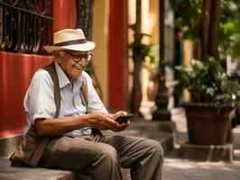 oud Mens van Colombia gebruik makend van een smartphone voor online communicatie ai generatief foto