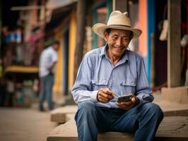 oud Mens van Colombia gebruik makend van een smartphone voor online communicatie ai generatief foto