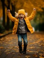 Europese kind in speels emotioneel dynamisch houding Aan herfst achtergrond ai generatief foto