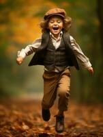 Europese kind in speels emotioneel dynamisch houding Aan herfst achtergrond ai generatief foto