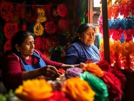 Dames creëren papel picado kleurrijk papier decoraties ai generatief foto