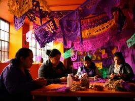 Dames creëren papel picado kleurrijk papier decoraties ai generatief foto