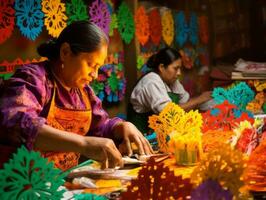 Dames creëren papel picado kleurrijk papier decoraties ai generatief foto