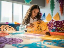 Dames creëren papel picado kleurrijk papier decoraties ai generatief foto