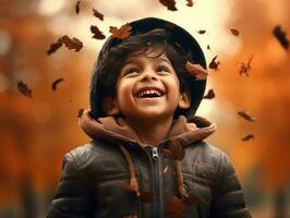 Indisch kind in speels emotioneel dynamisch houding Aan herfst achtergrond ai generatief foto