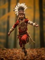 Indisch kind in speels emotioneel dynamisch houding Aan herfst achtergrond ai generatief foto