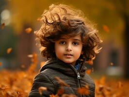 Indisch kind in speels emotioneel dynamisch houding Aan herfst achtergrond ai generatief foto