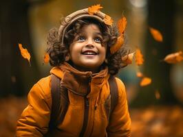 Indisch kind in speels emotioneel dynamisch houding Aan herfst achtergrond ai generatief foto