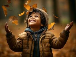 Indisch kind in speels emotioneel dynamisch houding Aan herfst achtergrond ai generatief foto