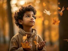 Indisch kind in speels emotioneel dynamisch houding Aan herfst achtergrond ai generatief foto