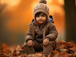 Indisch kind in speels emotioneel dynamisch houding Aan herfst achtergrond ai generatief foto