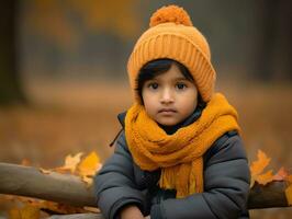 Indisch kind in speels emotioneel dynamisch houding Aan herfst achtergrond ai generatief foto