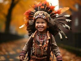 Indisch kind in speels emotioneel dynamisch houding Aan herfst achtergrond ai generatief foto