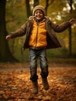 Indisch kind in speels emotioneel dynamisch houding Aan herfst achtergrond ai generatief foto