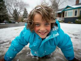 kind geniet de winter besneeuwd dag in speels houding ai generatief foto