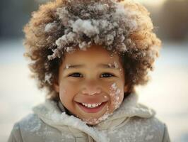 kind geniet de winter besneeuwd dag in speels houding ai generatief foto