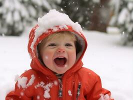 kind geniet de winter besneeuwd dag in speels houding ai generatief foto