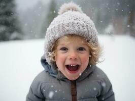 kind geniet de winter besneeuwd dag in speels houding ai generatief foto