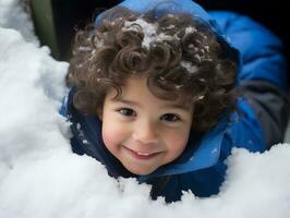 kind geniet de winter besneeuwd dag in speels houding ai generatief foto