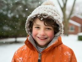 kind geniet de winter besneeuwd dag in speels houding ai generatief foto