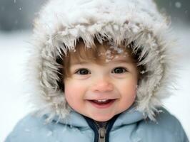 kind geniet de winter besneeuwd dag in speels houding ai generatief foto