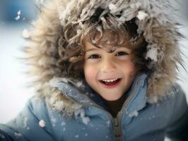 kind geniet de winter besneeuwd dag in speels houding ai generatief foto