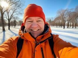 Mens geniet een ontspannen wandelen Aan een winter dag ai generatief foto