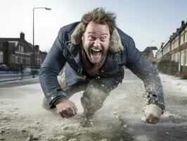 Mens geniet de winter besneeuwd dag in speels houding ai generatief foto