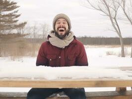 Mens geniet de winter besneeuwd dag in speels houding ai generatief foto