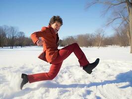 Mens geniet de winter besneeuwd dag in speels houding ai generatief foto