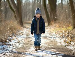 kind geniet een ontspannen wandelen in een winter dag ai generatief foto