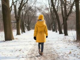 kind geniet een ontspannen wandelen in een winter dag ai generatief foto