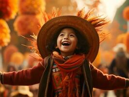 Mexicaans kind in emotioneel dynamisch houding Aan herfst achtergrond ai generatief foto