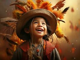 Mexicaans kind in emotioneel dynamisch houding Aan herfst achtergrond ai generatief foto