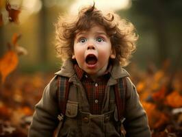 Mexicaans kind in emotioneel dynamisch houding Aan herfst achtergrond ai generatief foto