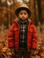 Mexicaans kind in emotioneel dynamisch houding Aan herfst achtergrond ai generatief foto