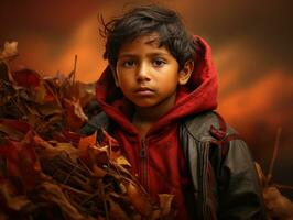 Mexicaans kind in emotioneel dynamisch houding Aan herfst achtergrond ai generatief foto