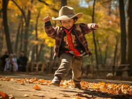 Mexicaans kind in emotioneel dynamisch houding Aan herfst achtergrond ai generatief foto