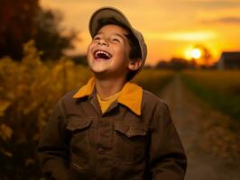 Mexicaans kind in emotioneel dynamisch houding Aan herfst achtergrond ai generatief foto