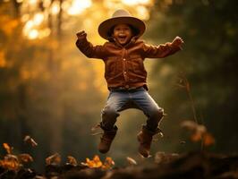 Mexicaans kind in emotioneel dynamisch houding Aan herfst achtergrond ai generatief foto