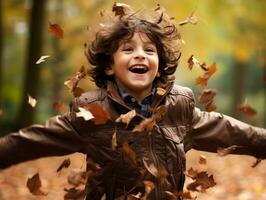 Mexicaans kind in emotioneel dynamisch houding Aan herfst achtergrond ai generatief foto