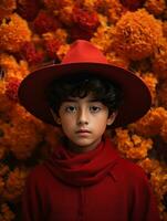 Mexicaans kind in emotioneel dynamisch houding Aan herfst achtergrond ai generatief foto